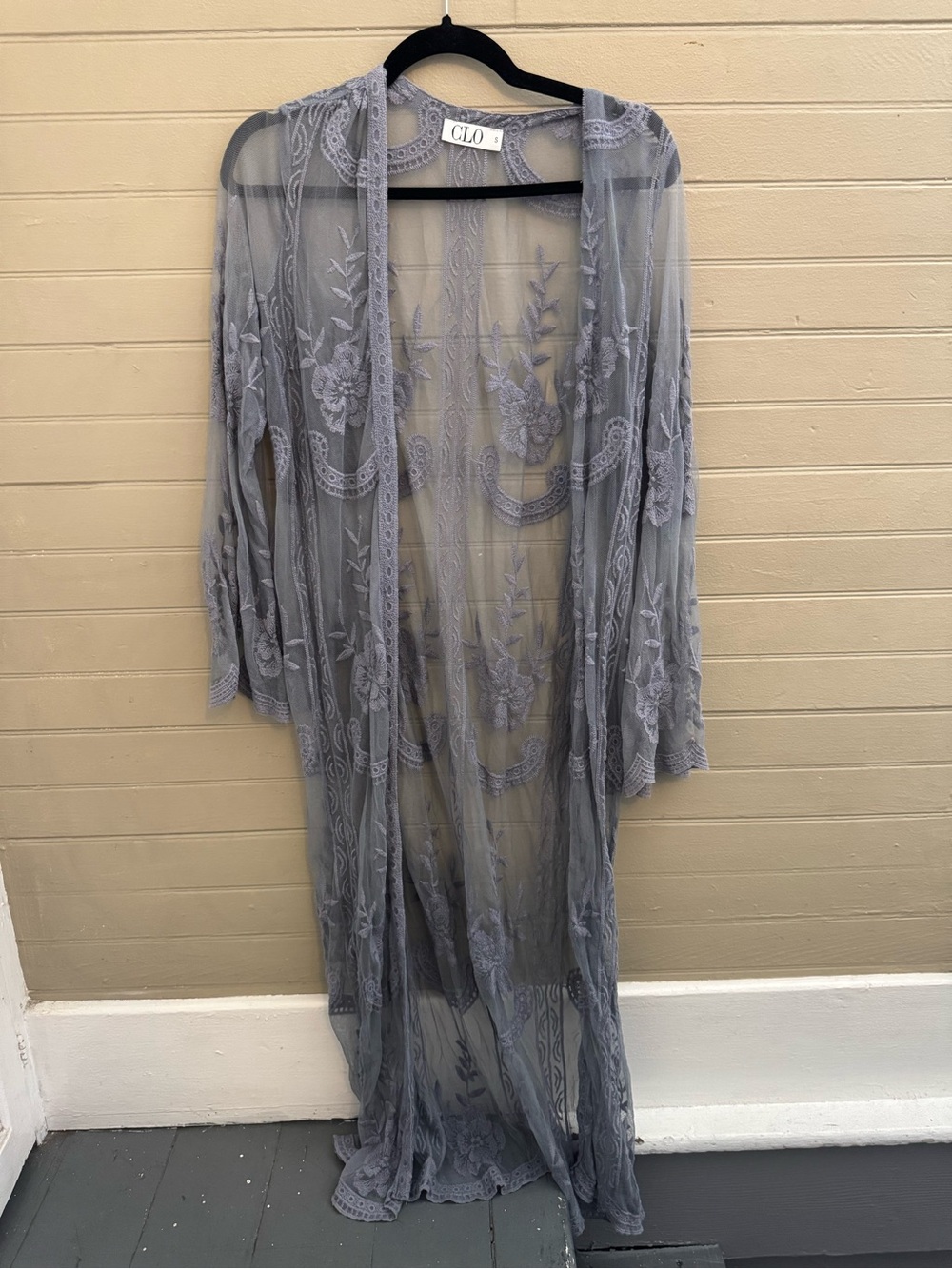 Sheer Embroidered Long Kimono Robe — Light Gray
